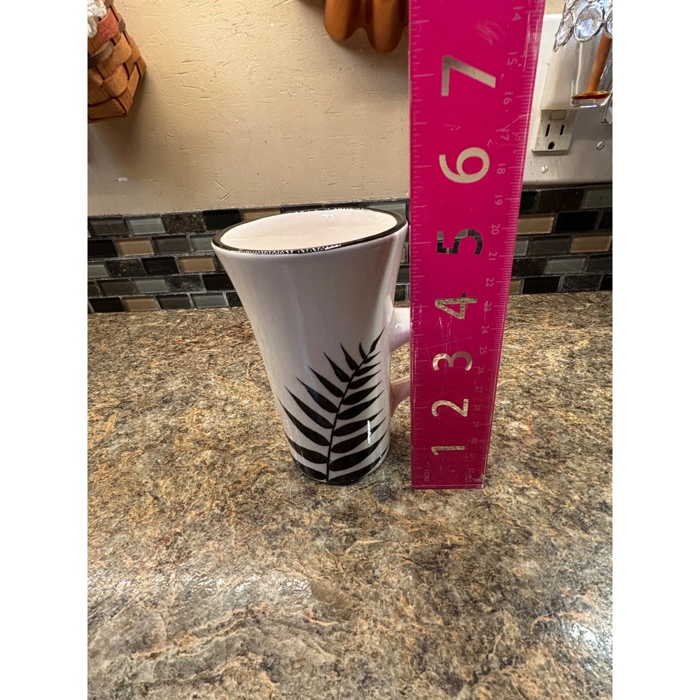 Evandale Tall White Ceramic Latte Mug Black Fern Leaf Botanical Design 6 Inch - Picture 8 of 9